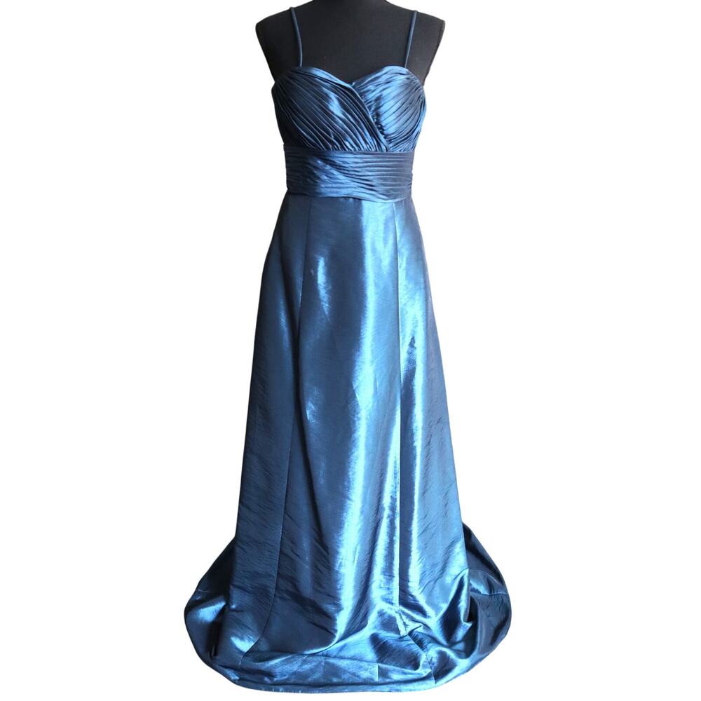 Vintage 90s Y2K Blue iridescent Formal Dress Gown Ruched Sweetheart Satin 4